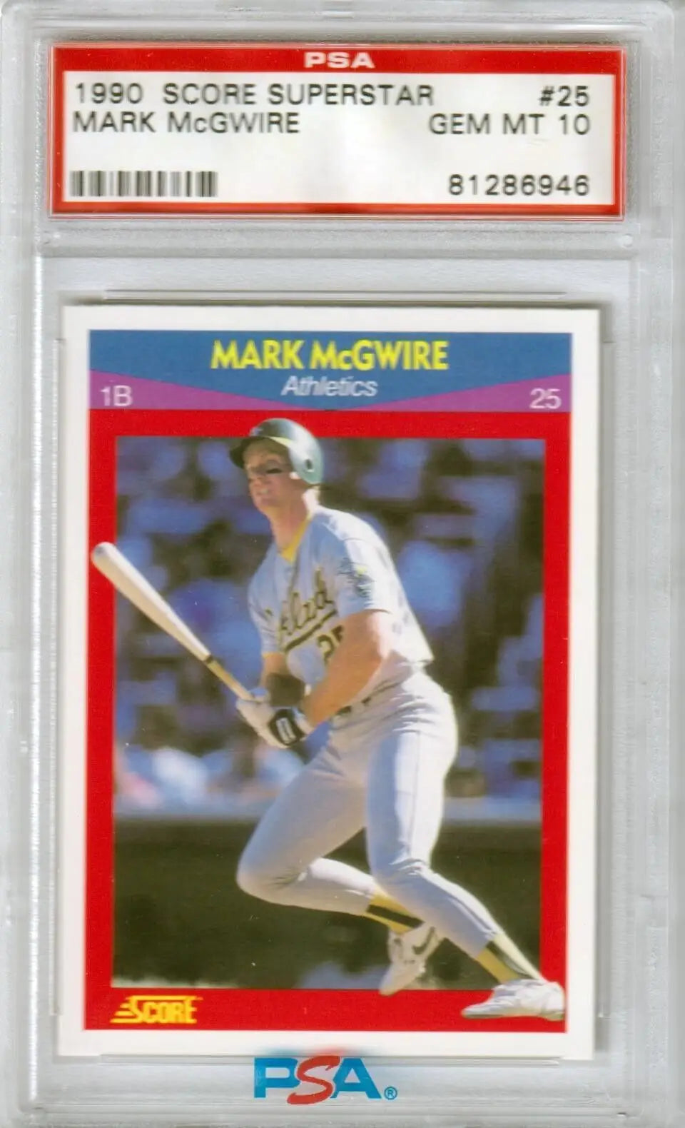 PSA-graded 1989 Score Superstar Mark McGwire card in protective case from Columbia Hobby