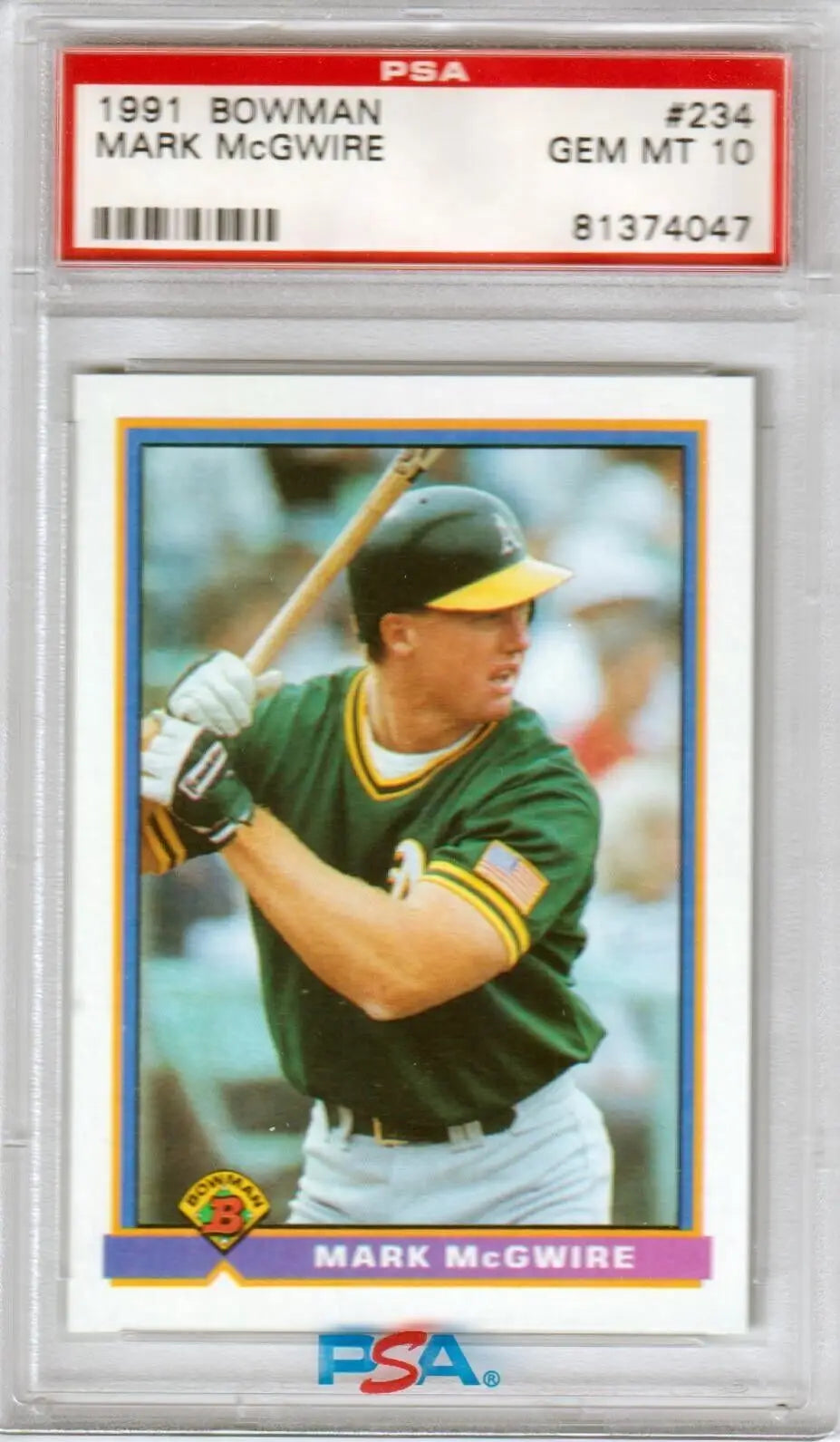 PSA-graded 1991 Bowman Mark McGwire baseball card in a case available at Columbia Hobby