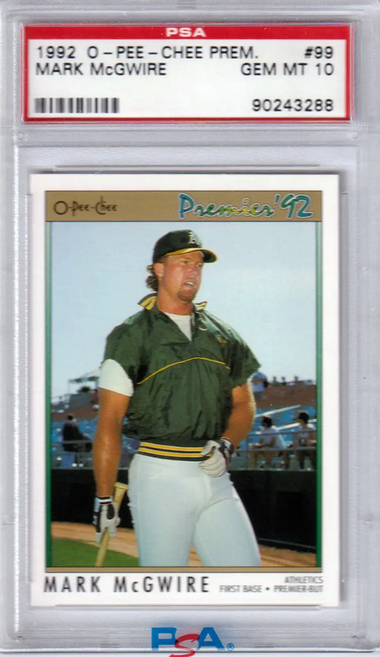 PSA-graded 1992 O-Pee-Chee Premier Mark McGwire trading card in Athletics uniform