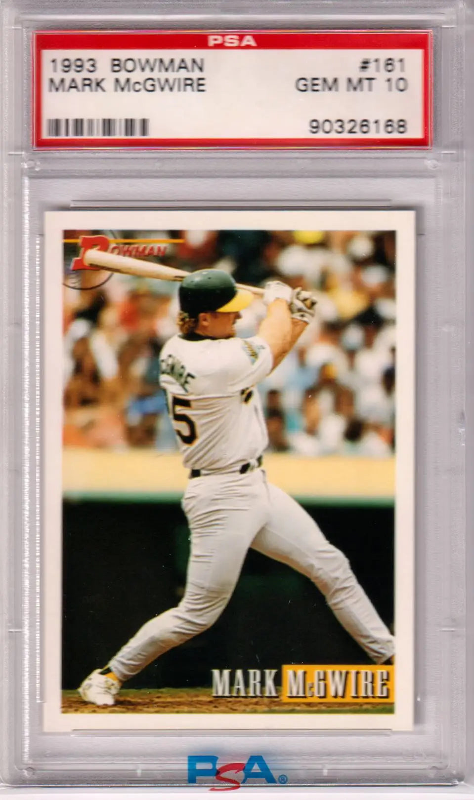 PSA-graded 1993 Bowman Mark McGwire trading card in white uniform at bat from Columbia Hobby