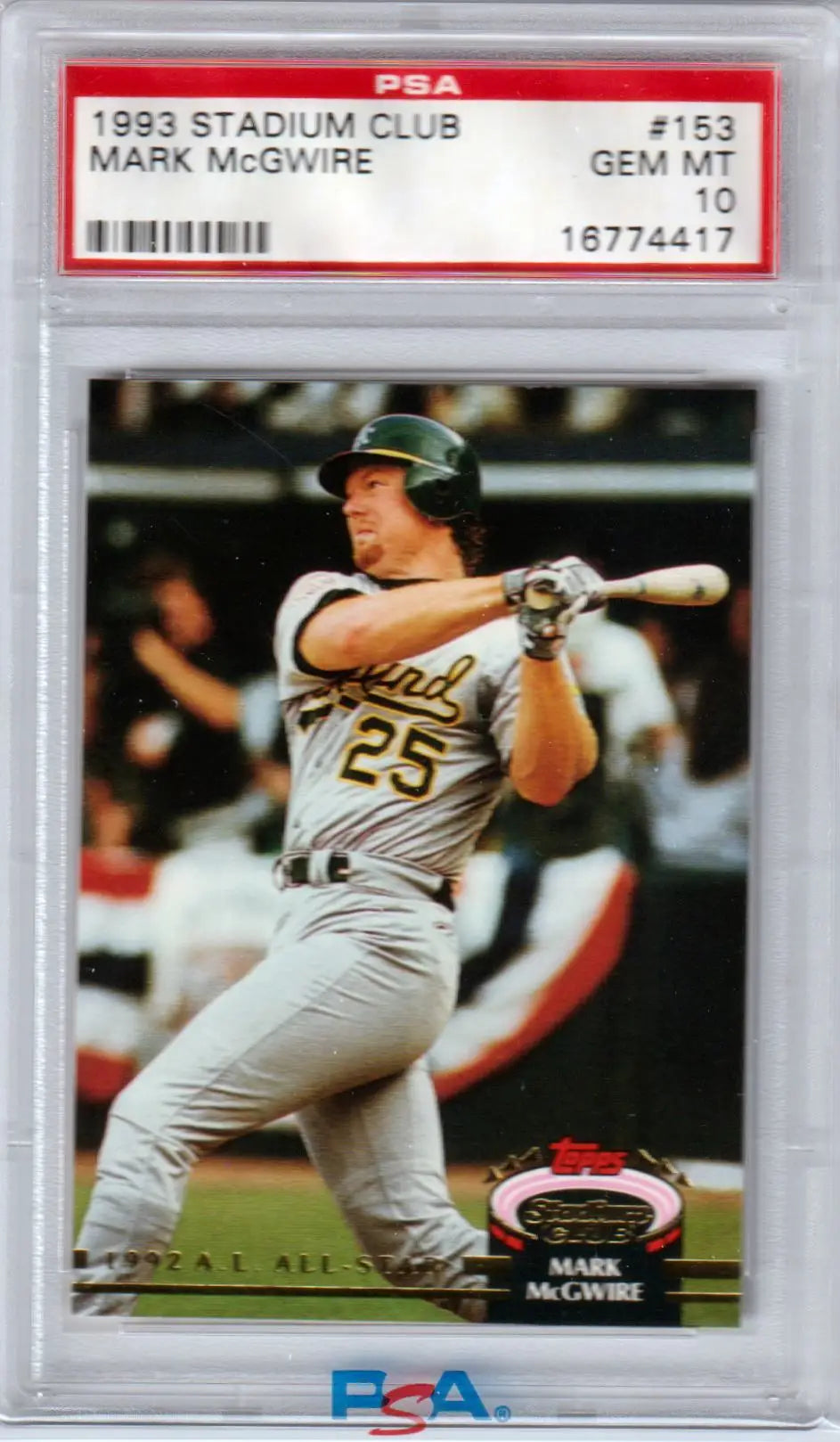 PSA 10 GEM MINT Mark McGwire 1993 Stadium Club card from Columbia Hobby featuring Athletics player