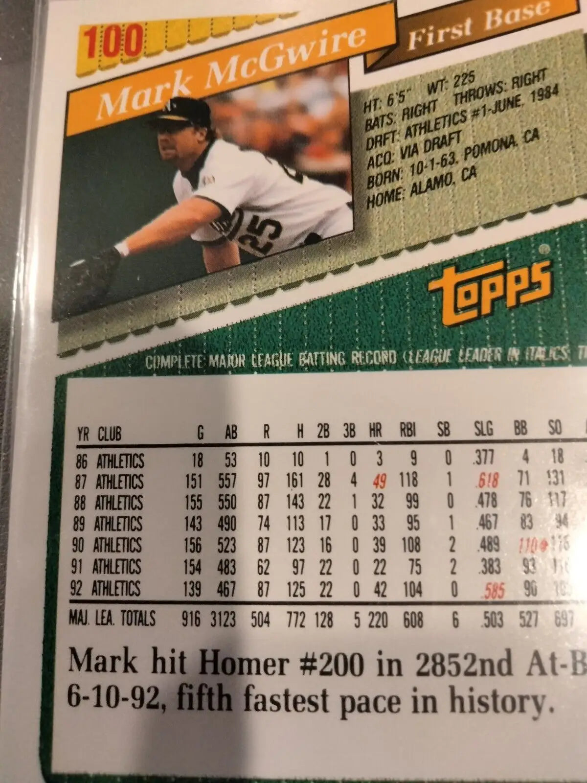 Mark McGwire 1993 Topps Baseball Card 100 Oakland Athletics collectible image