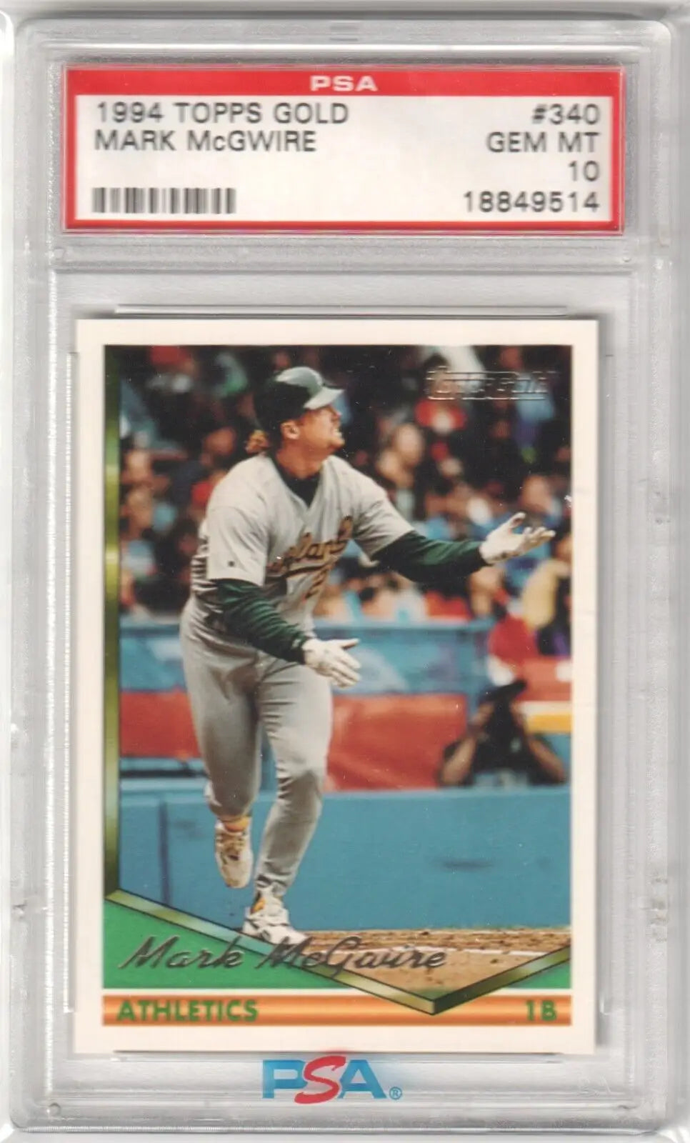 PSA-graded 1994 Topps Gold Mark McGwire baseball card in white Athletics uniform