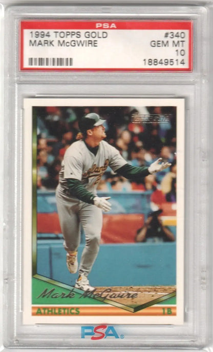 PSA-graded 1994 Topps Gold Mark McGwire baseball card in white Athletics uniform