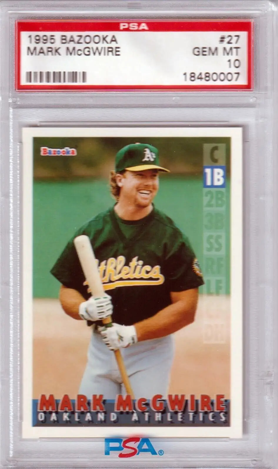 PSA-graded 1995 Bazooka Mark McGwire baseball card featuring Athletics player, box free shipping