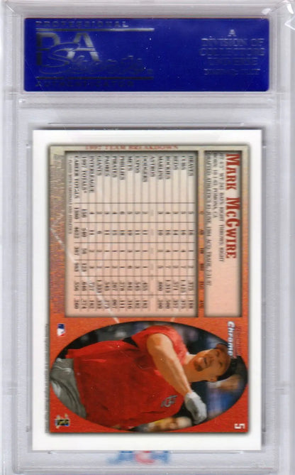 Baseball card in protective case featuring Mark McGwire in red uniform, Bowman Chrome International