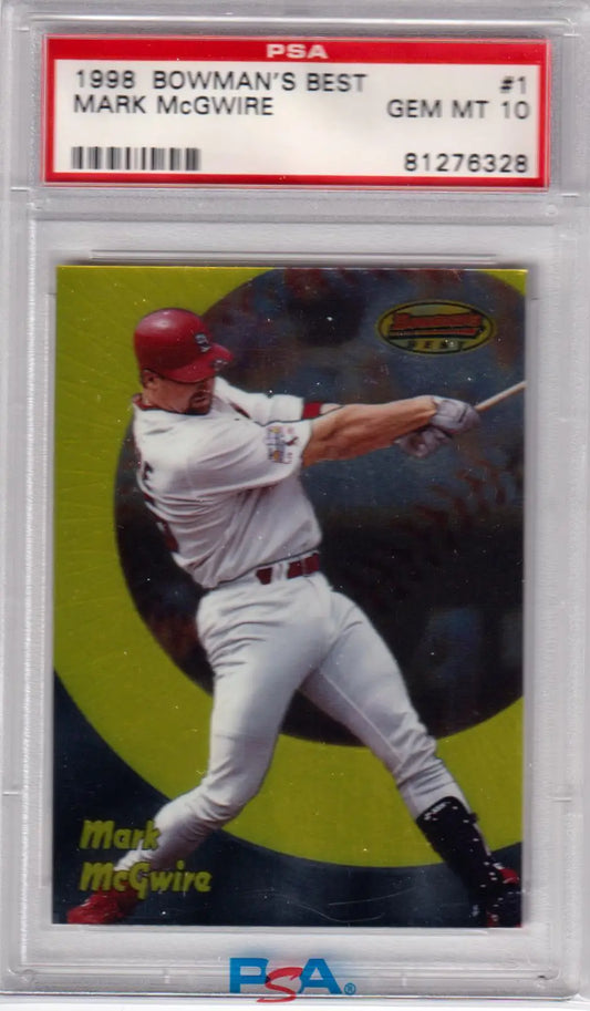 PSA 10 GEM MINT Mark McGwire 1998 Bowman’s Best trading card in white uniform