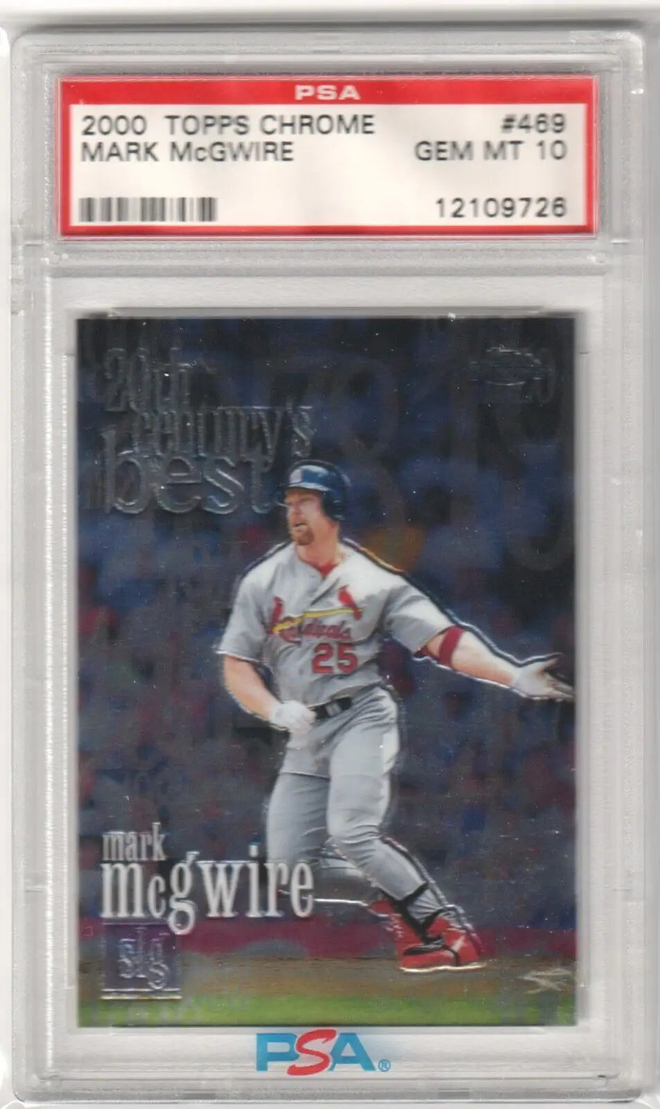 PSA-graded 2000 Topps Chrome Mark McGwire baseball card in protective case from Columbia Hobby