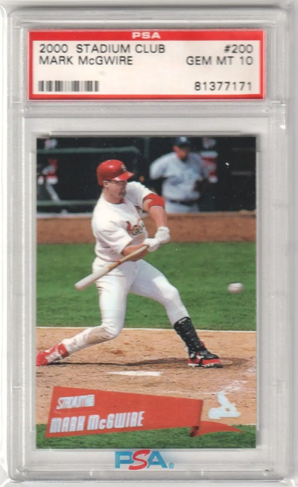 PSA-graded MARK McGWIRE 2000 Stadium Club card in Cardinals uniform, available at Columbia Hobby