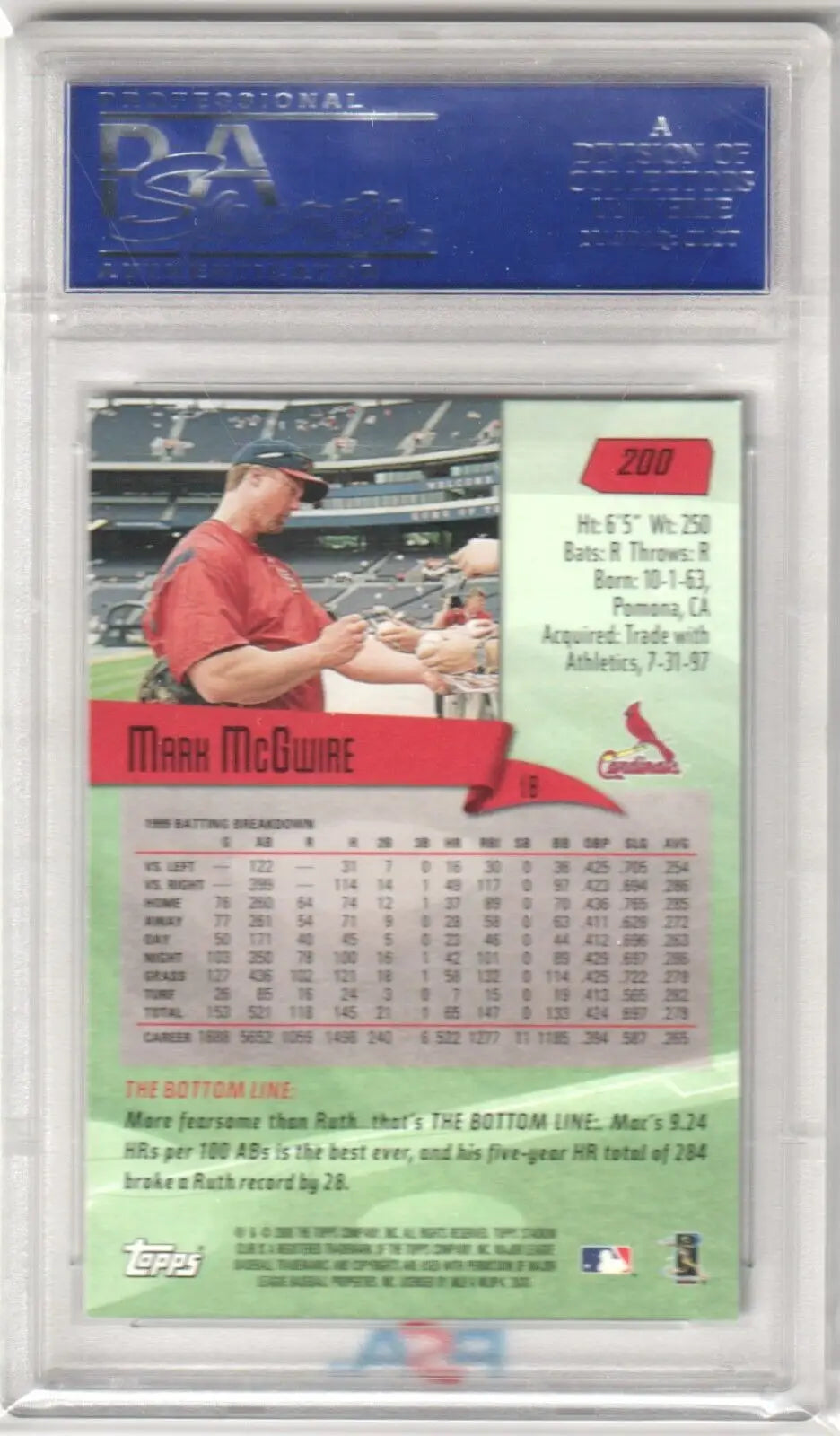 Baseball card of Mark McGwire in a red Cardinals uniform, PSA 10 GEM MINT, Columbia Hobby