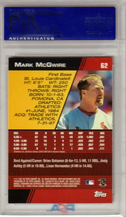 Baseball card in protective case with blue label, Mark McGwire 2001 Bowman’s Best