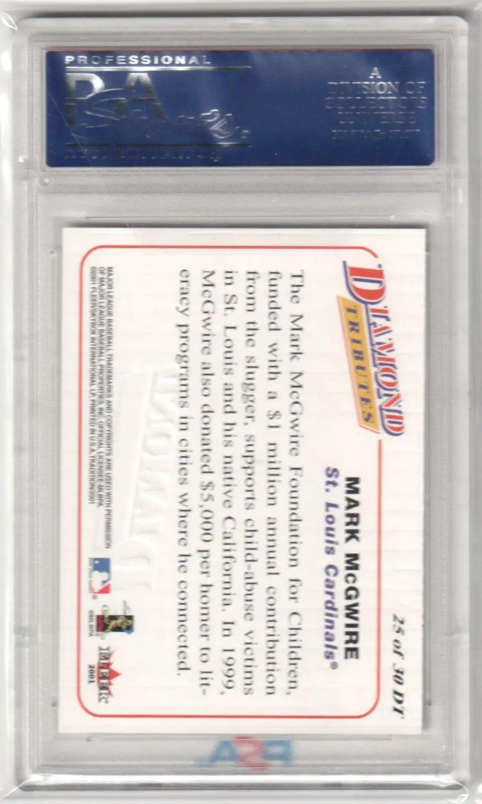 Back of Mark McGwire 2001 Fleer Diamond Tributes single card in protective case