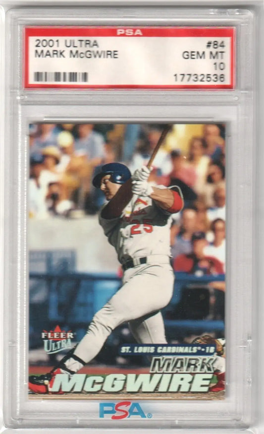 PSA-graded 2001 Ultra Mark McGwire baseball card showcasing St. Louis Cardinals at bat