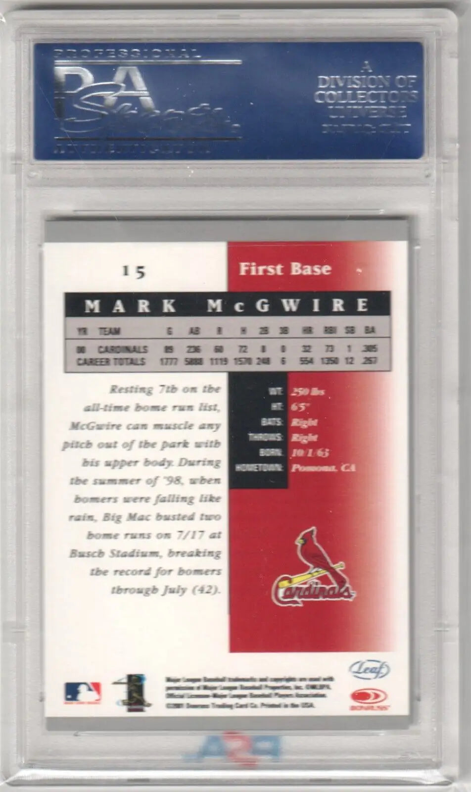 Baseball card in protective case with player stats and Cardinals logo for columbia hobby