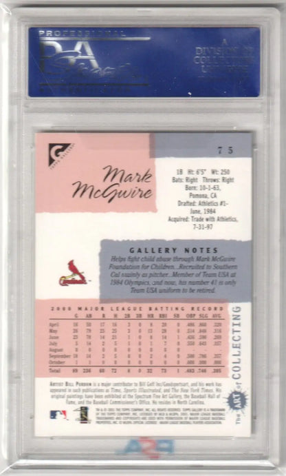 Baseball card in protective case on pink background for MARK McGWIRE 2001 Topps Gallery