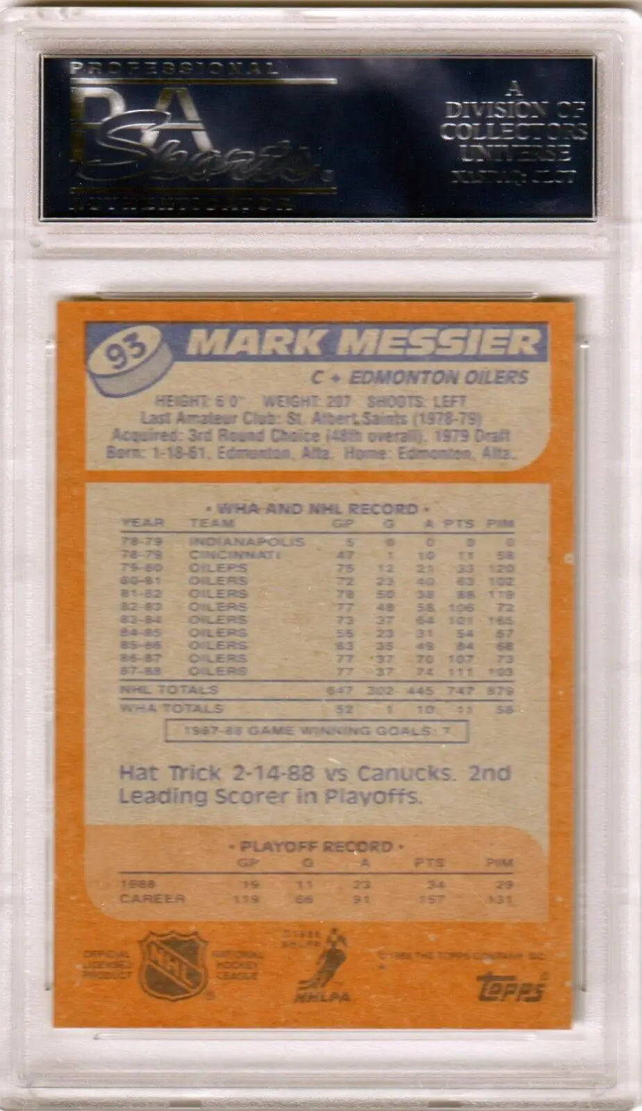 Hockey trading card in case details Mark Messier 1988 Topps #93 from Columbia Hobby