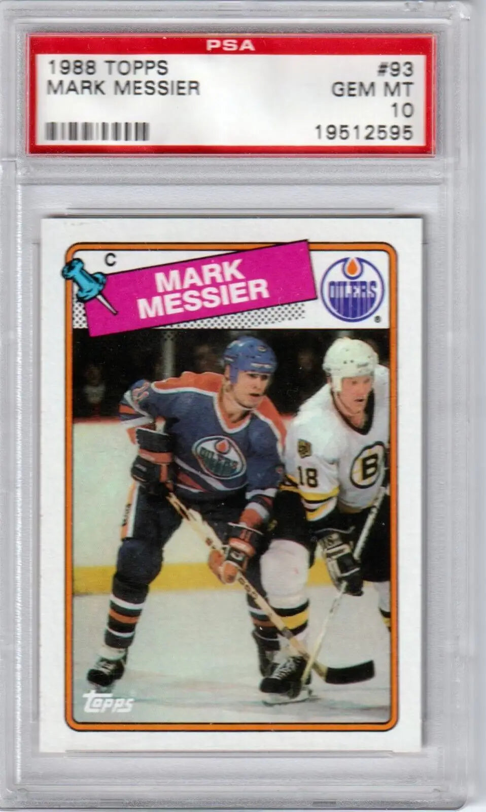 PSA-graded 1988 Topps Mark Messier hockey card in game action against Boston Bruins player