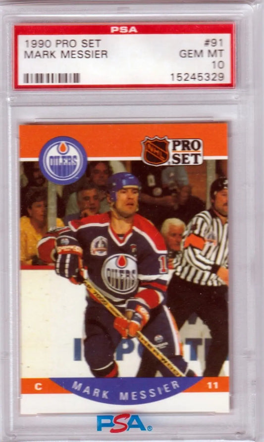 PSA-graded 1990 Pro Set Edmonton Oilers Mark Messier card in protective case from Columbia Hobby