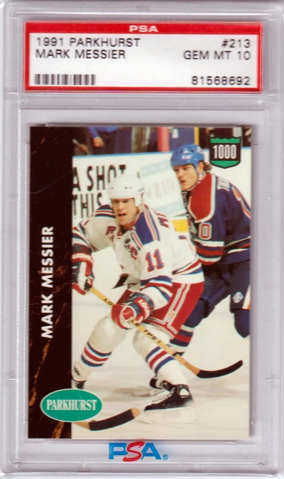 PSA-graded Mark Messier 1991 Parkhurst #213 hockey card in protective case, Columbia Hobby