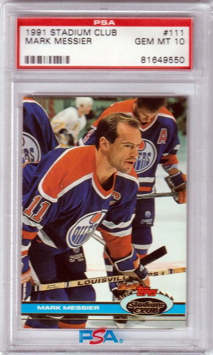 PSA-graded 1991 Stadium Club Edmonton Oilers hockey card in protective case by Columbia Hobby