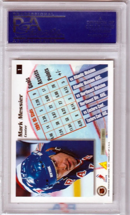 Baseball trading card in a clear case with blue PSA label for Mark Messier 1995 Summit