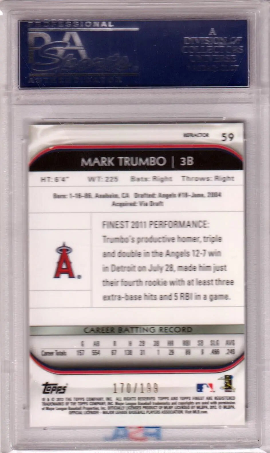 Mark Trumbo 2012 Topps Finest Green Refractor card in protective case from Columbia Hobby