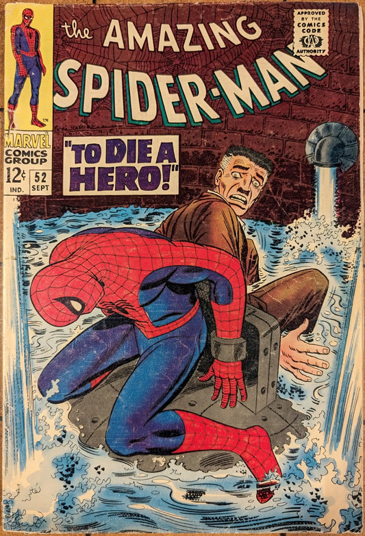 Vintage Amazing Spider-Man 52 comic cover with Spider-Man dodging water sprays, ideal for trading cards