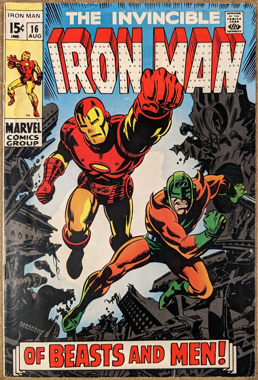 Classic Iron Man comic cover showcasing Invincible Iron Man soaring in red and gold armor