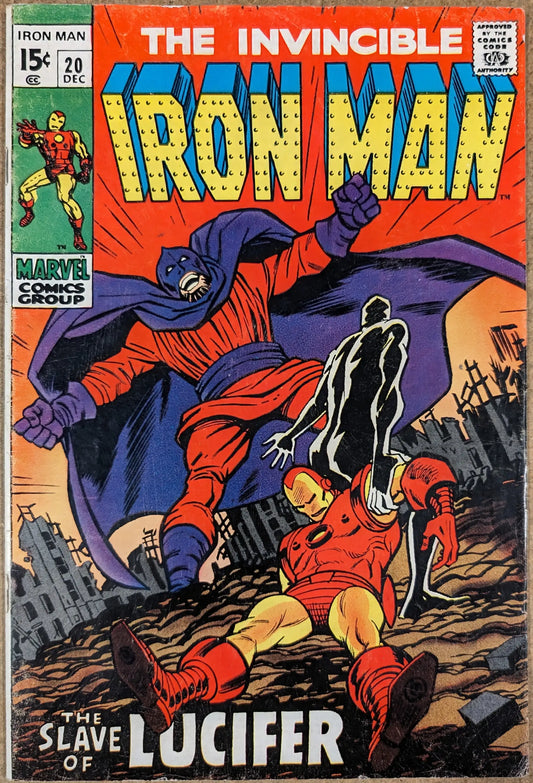 Vintage Marvel Iron Man #20 cover featuring Invincible Iron Man battling Lucifer villain