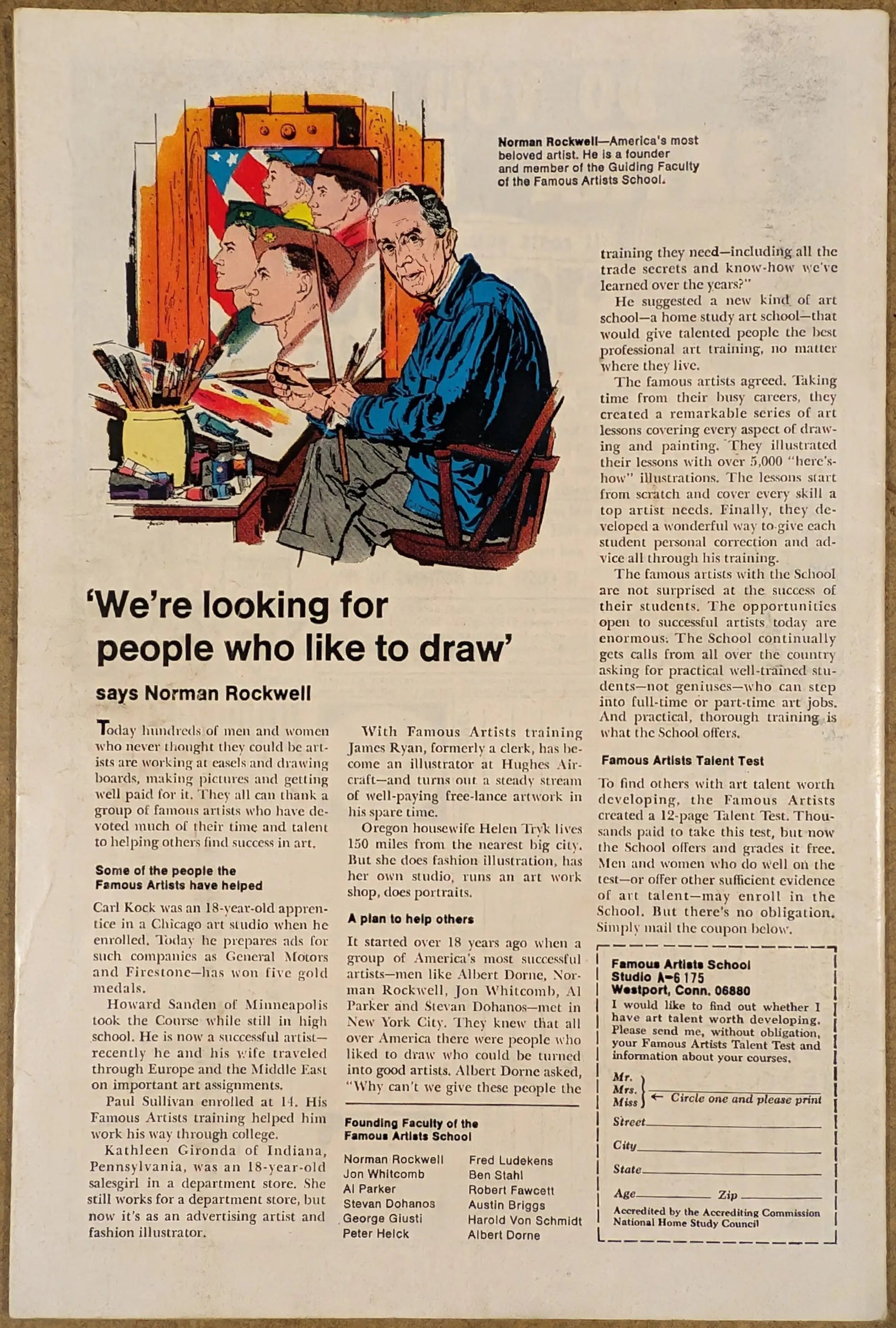 Vintage magazine ad with artwork of a person drawing for Invincible Iron Man 1969