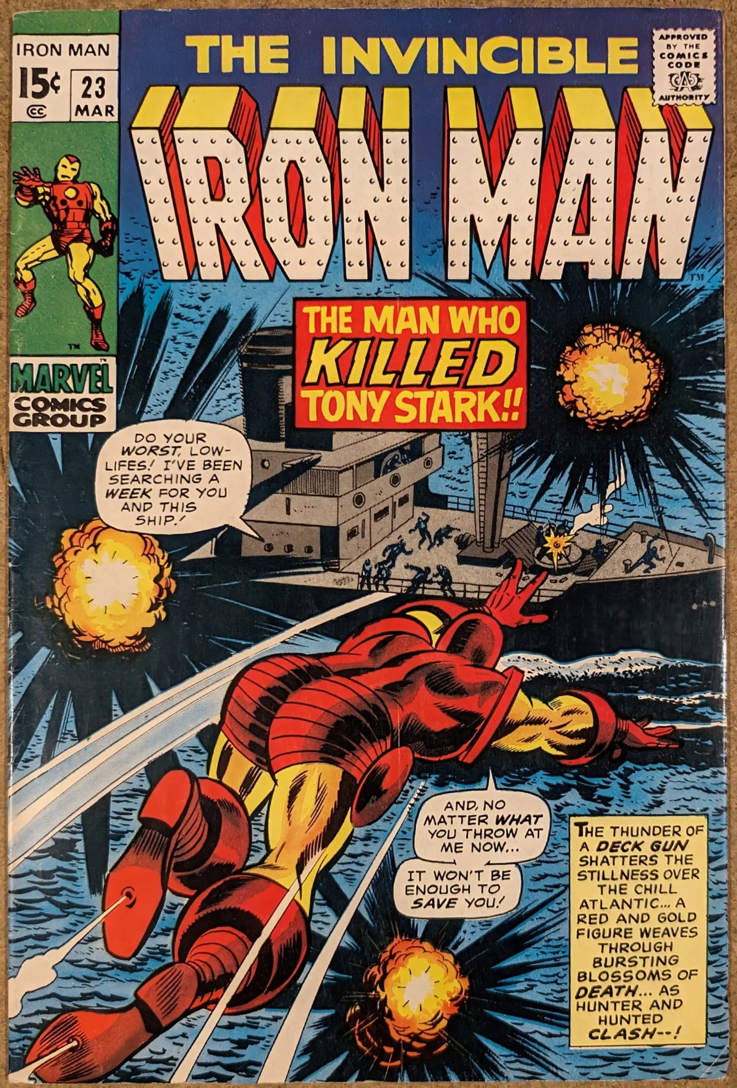 Vintage Iron Man comic book cover featuring Iron Man dodging fiery explosions