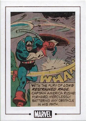 Comic book panel of Captain America throwing his shield on a Bronze Age trading card