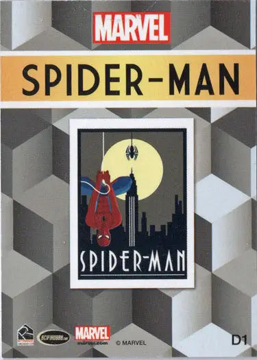 Collectible enamel pin of Spider-Man silhouette on Marvel 75th Anniversary case topper card