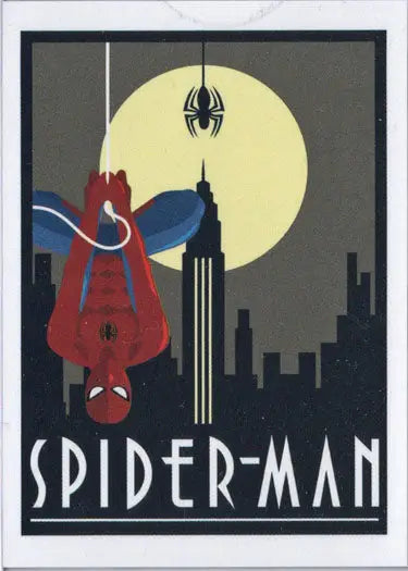 Stylized Spider-Man hanging upside-down against a city skyline for Marvel Case Topper Card