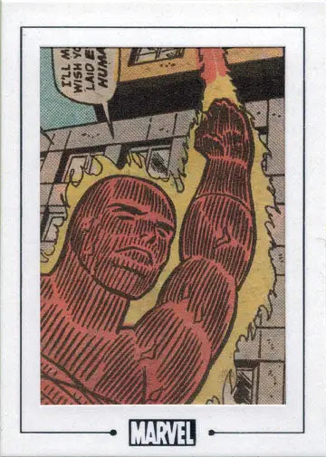 Comic book panel of a muscular superhero in flames for Marvel 75th Anniversary trading cards