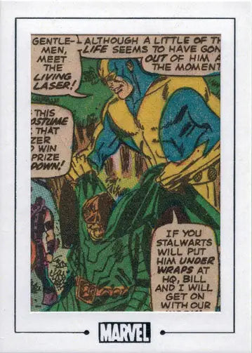 Colorful superhero in blue and yellow on green background, Marvel Silver Age trading card