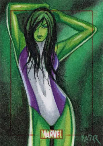 Green-skinned woman in purple bodysuit on Frank Kadar sketch card for trading cards