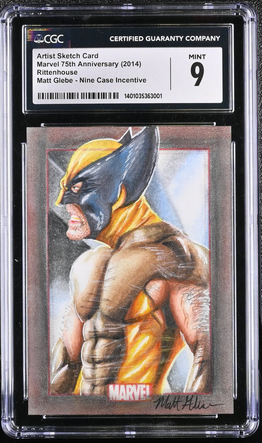 Graded Marvel trading card featuring Wolverine in yellow costume by Matt Glebe