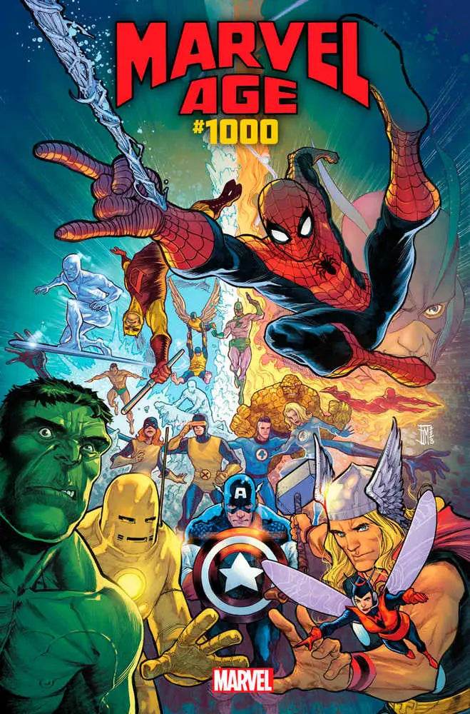 Comic book cover art of Marvel Age 1000 featuring Spider-Man and Marvel superheroes