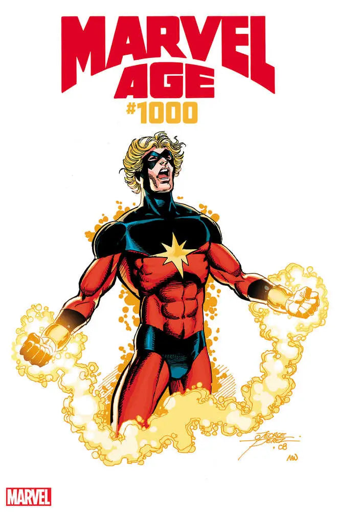 Superhero in red and blue costume with yellow energy for Marvel Age trading cards