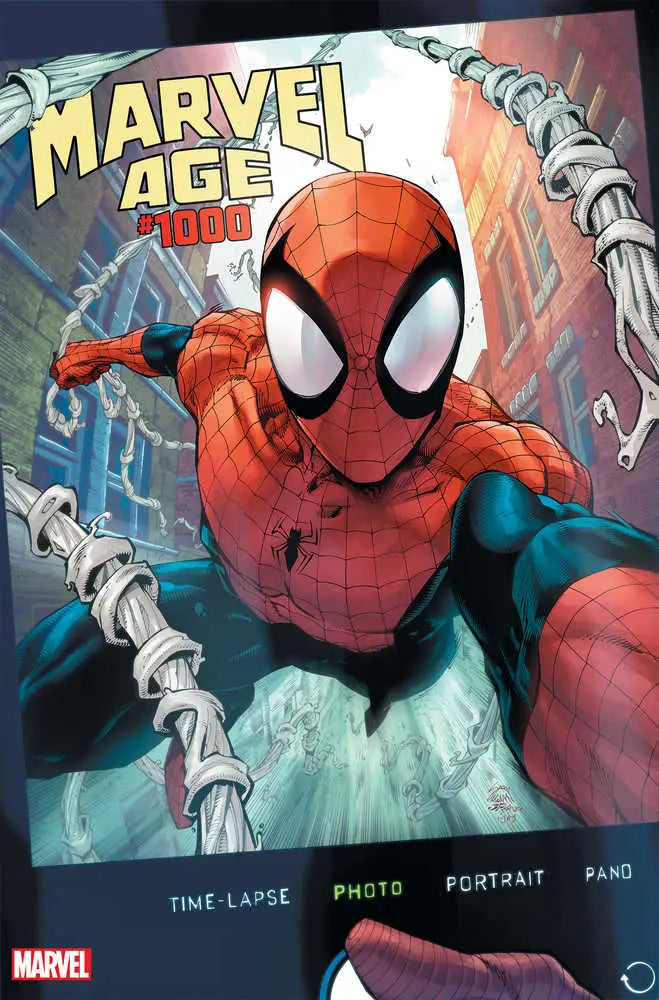 Spider-Man swinging with metallic chains on Marvel Age #1000 Ryan Stegman Variant cover