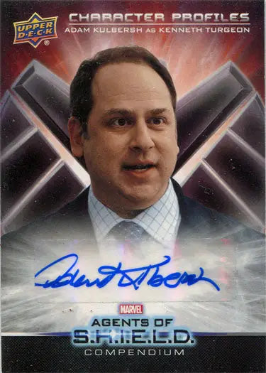 Autograph card featuring Adam Kulbersh in a suit from Marvel Agents of SHIELD trading cards