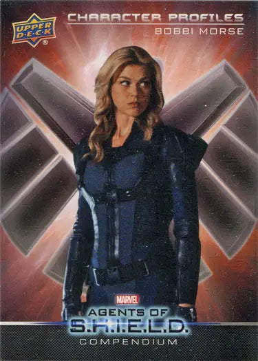 Trading card of Bobbi Morse in blue tactical outfit, part of character profiles