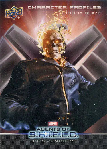 Flaming skull figure in leather jacket for Marvel character profiles trading card