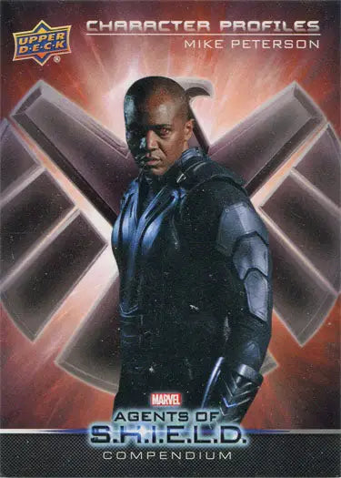 Marvel Agents of SHIELD Compendium trading card featuring character profiles of Mike Peterson