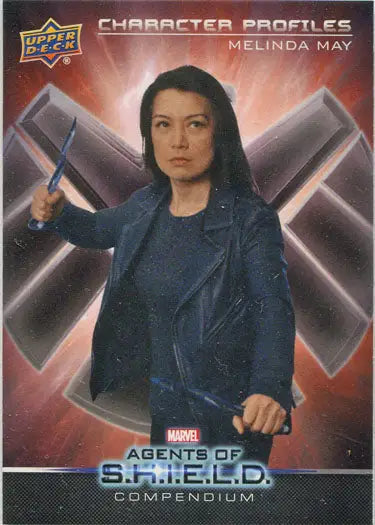 Trading card of Melinda May in blue jacket with S.H.I.E.L.D. logo for character profiles