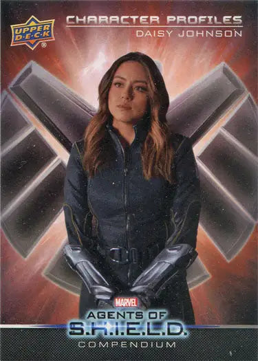 Character profiles trading card of Daisy Johnson in dark jacket with X symbol background