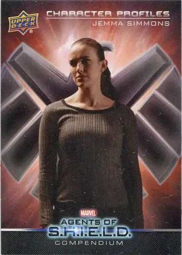 Trading card of Jemma Simmons featuring character profiles and X logo in background