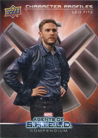 Trading card of Leo Fitz in blue jacket with X logo for Marvel character profiles