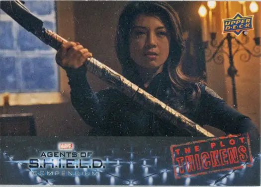 Woman wielding a staff in dim light from Marvel’s Plot Thickens Chase Card